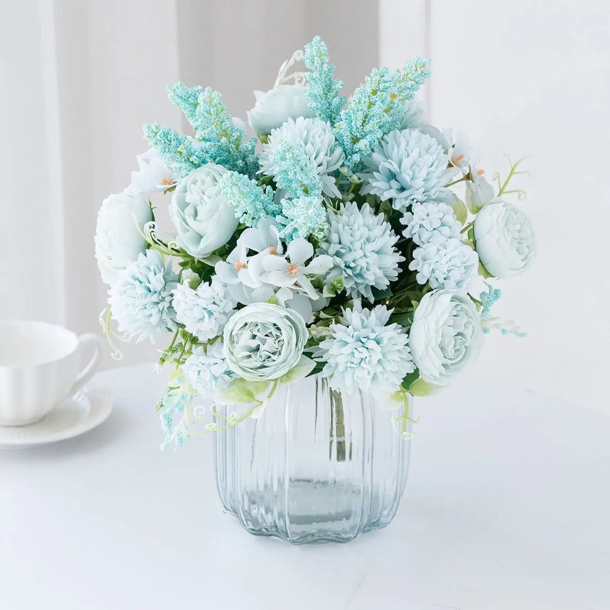 bouquet fleurs artificielles pivoines soie rose blanc violet bleu clair jaune feuillage vert décoration