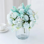 bouquet fleurs artificielles pivoines soie rose blanc violet bleu clair jaune feuillage vert décoration