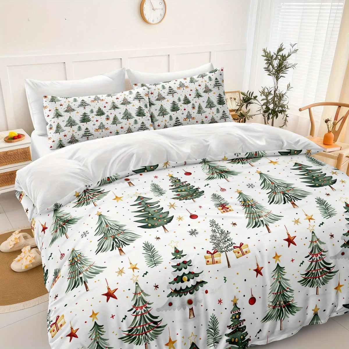 ensemble literie motif noel moderne blanc vert rouge oreillers taies doreiller drap plat festive