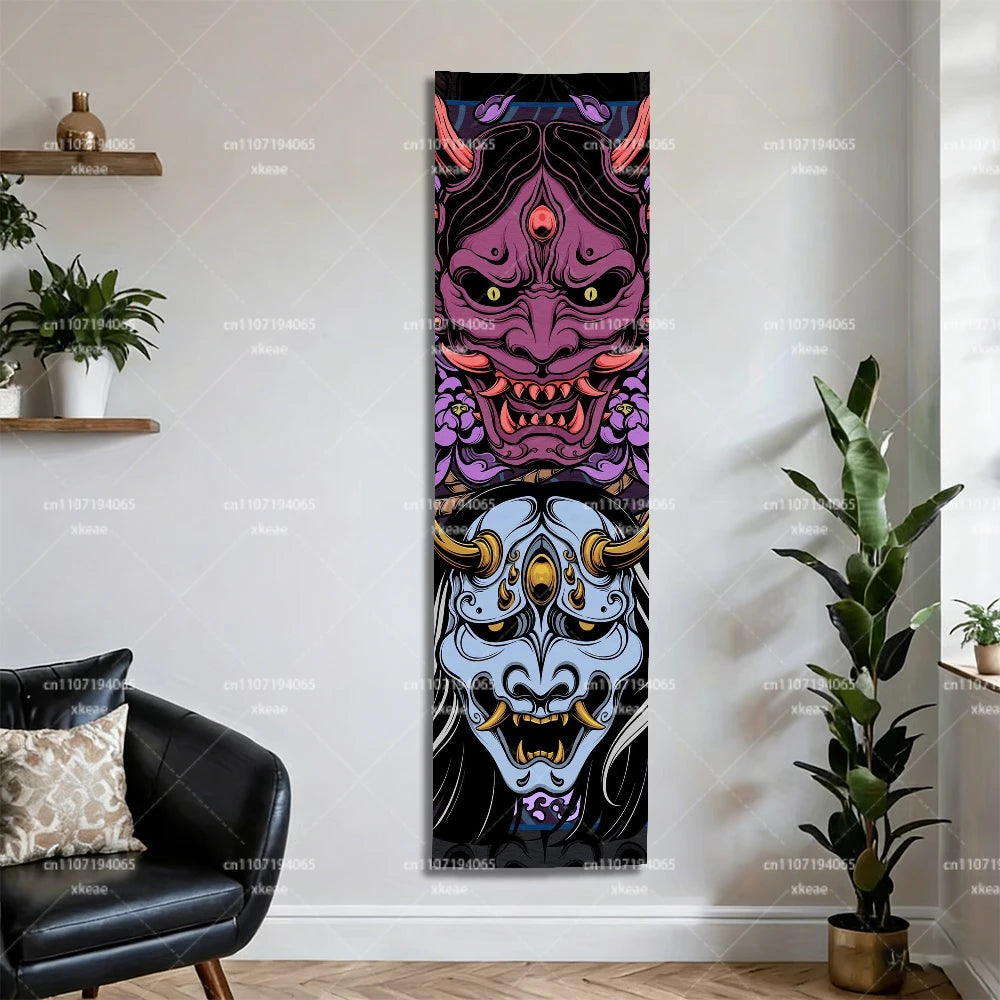 tapisserie japonaise masques traditionnels violet noir blanc or art contemporain 150cm 40cm
