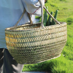 panier rangement vert clair tissé motifs géométriques rustique poignées tressées fruits légumes traditionnel