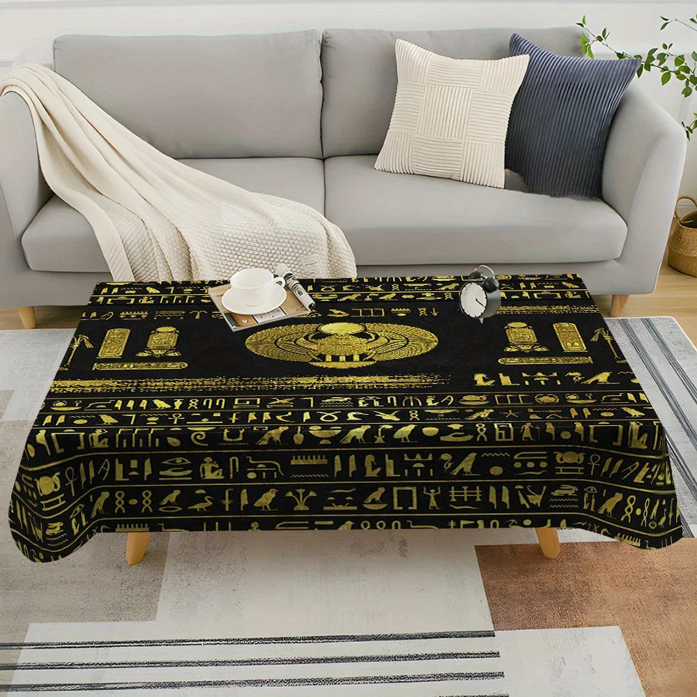 nappe égyptienne moderne symboles hiéroglyphiques or noire réutilisable table dîner polyester opaque classique