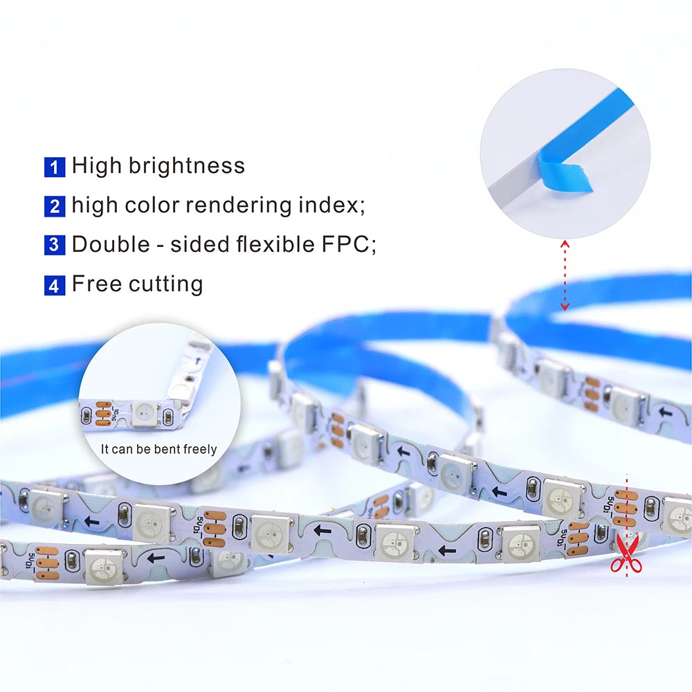 ruban led flexible 60 diodes 5v 12v ws2812 ws2815 blanc noir cuivre moderne technologique