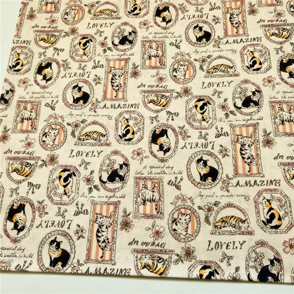tissu imprimé chats cadres fleurs vintage romantique beige noir orange rose blanc