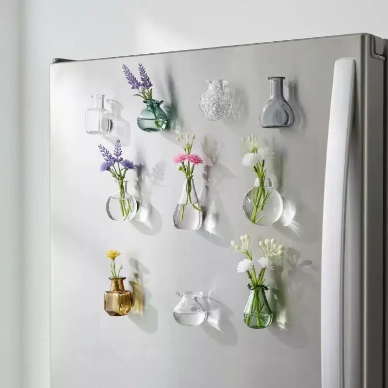 vases magnétiques réfrigérateur transparents bleus verts gris or violets minimalistes modernes
