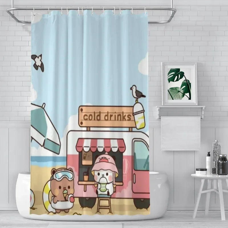 rideau douche kawaii ours panda enfantin bleu clair motifs animaux tropical moderne polyester