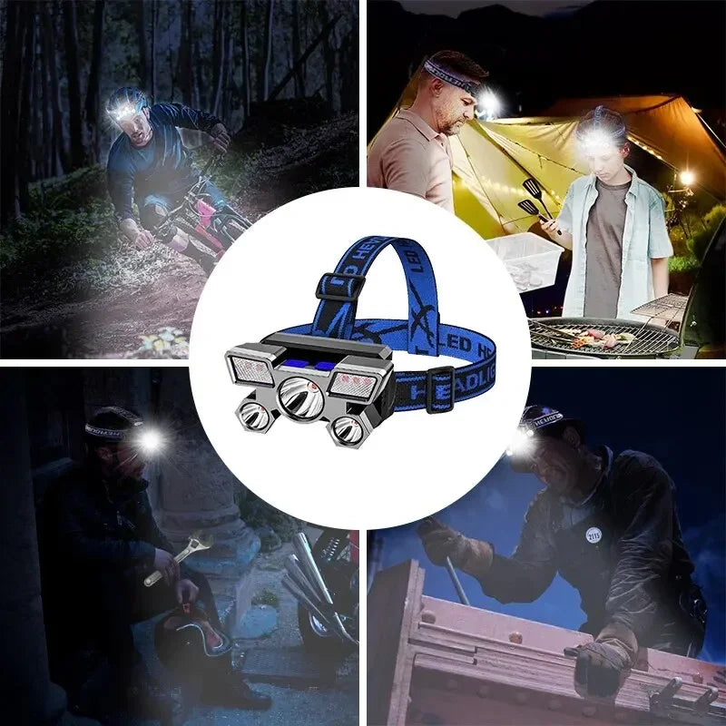 lampe frontale led rechargeable bleu doré bande ajustable camping pêche chasse rando flashlight headlamp