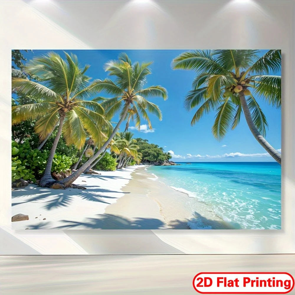 affiche murale paysage marin palmiers ciel bleu plage blanche métalliques chambre salon decoration française