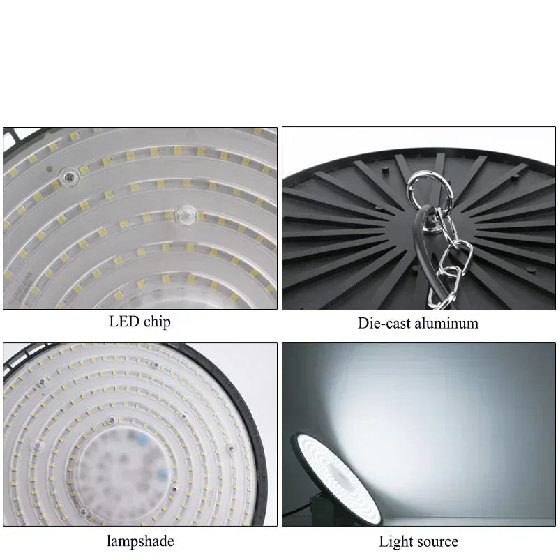 lumière led ufo industrielle 100w 150w 200w noir moderne grille ventilation