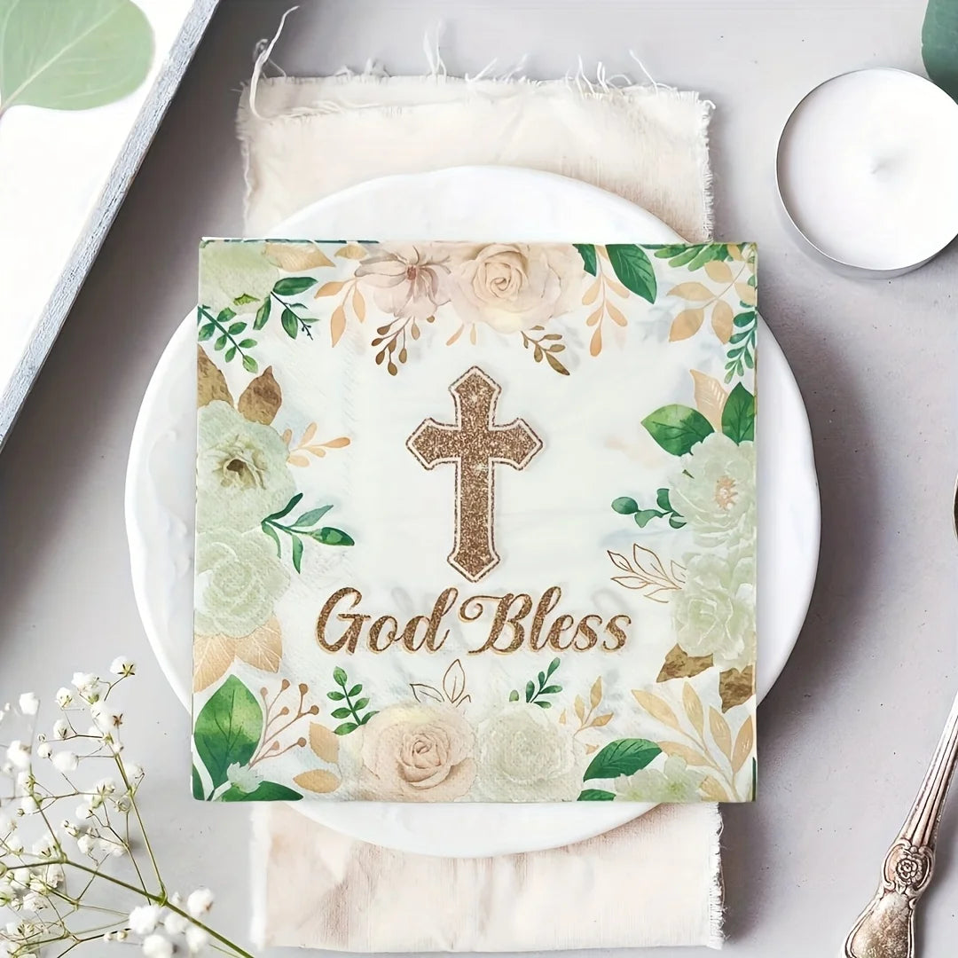 serviettes papier motif fleurs feuilles croix dorée God Bless blanc vert beige célébration événement