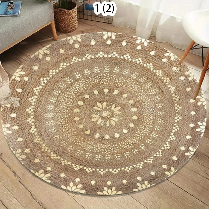 tapis rond boho géométrique floral naturel blanc moderne maison chambre extérieur 80x80cm