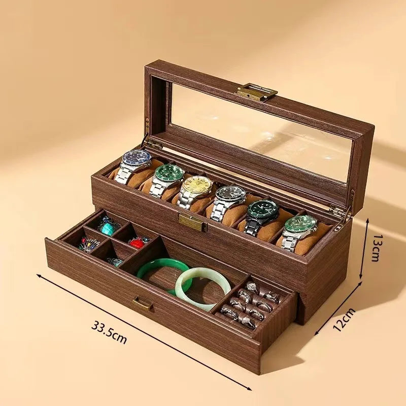 boîtes montres bois foncé grain naturel classique boutons dorés montres bracelets bijoux