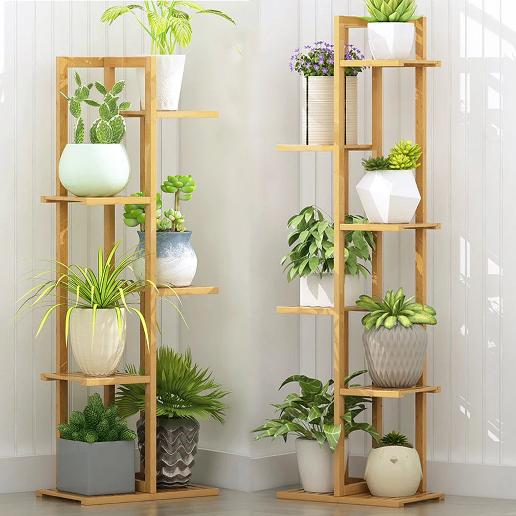 étagère plantes bois bambou niveaux moderne minimaliste assemblageintérieurextérieur vis fixation pots dangle affichage