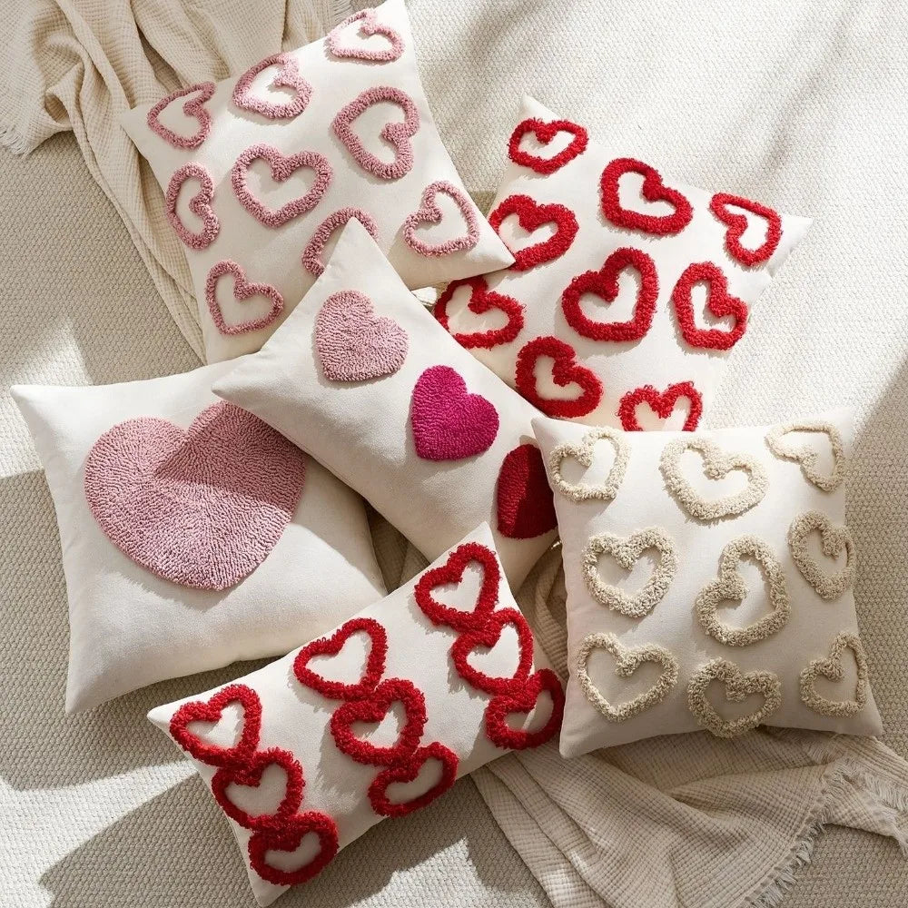 taies d'oreiller coeurs brodés blanc rouge rose pâle artisanal fermeture éclair opaques lit polyester