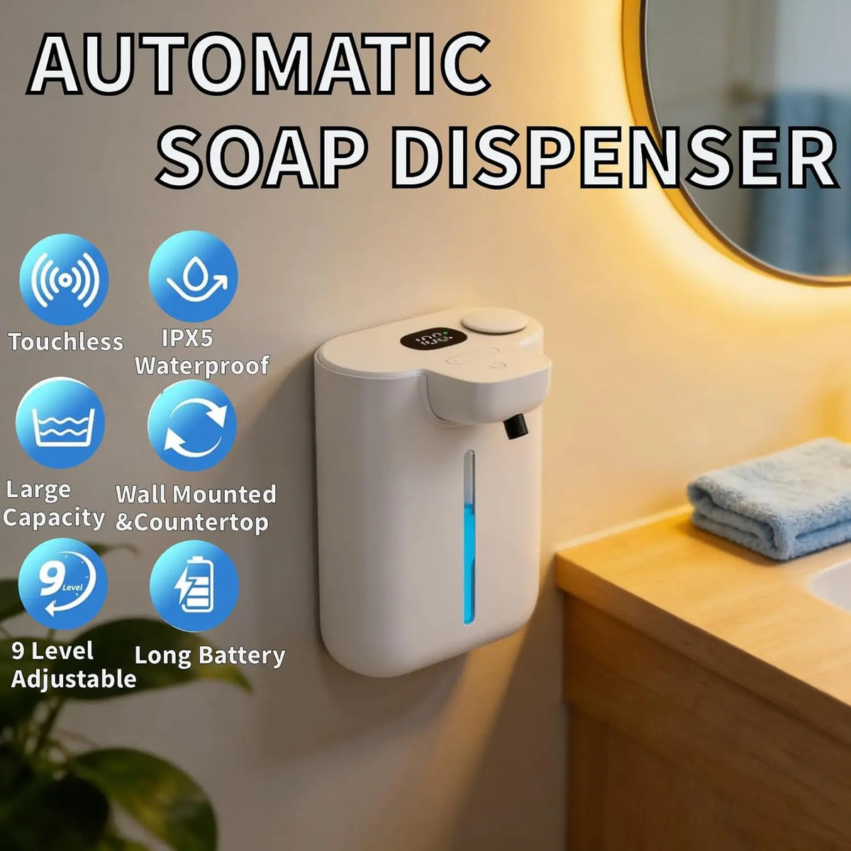 distributeur automatique savon blanc moderne rechargeable adhésif écran tactile ajustement mousse liquide contemporain