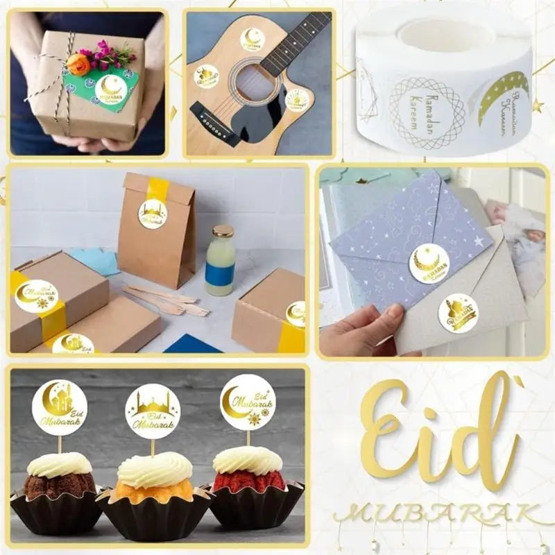 étiquettes autocollantes eid mubarak lune étoiles ramadan kareem blanc doré