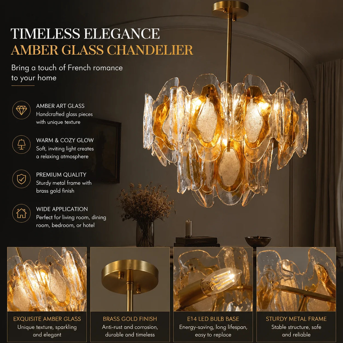 lustre pendentif transparent ambre métal vintage élégant dimmable led 90 260v 249 2000lm