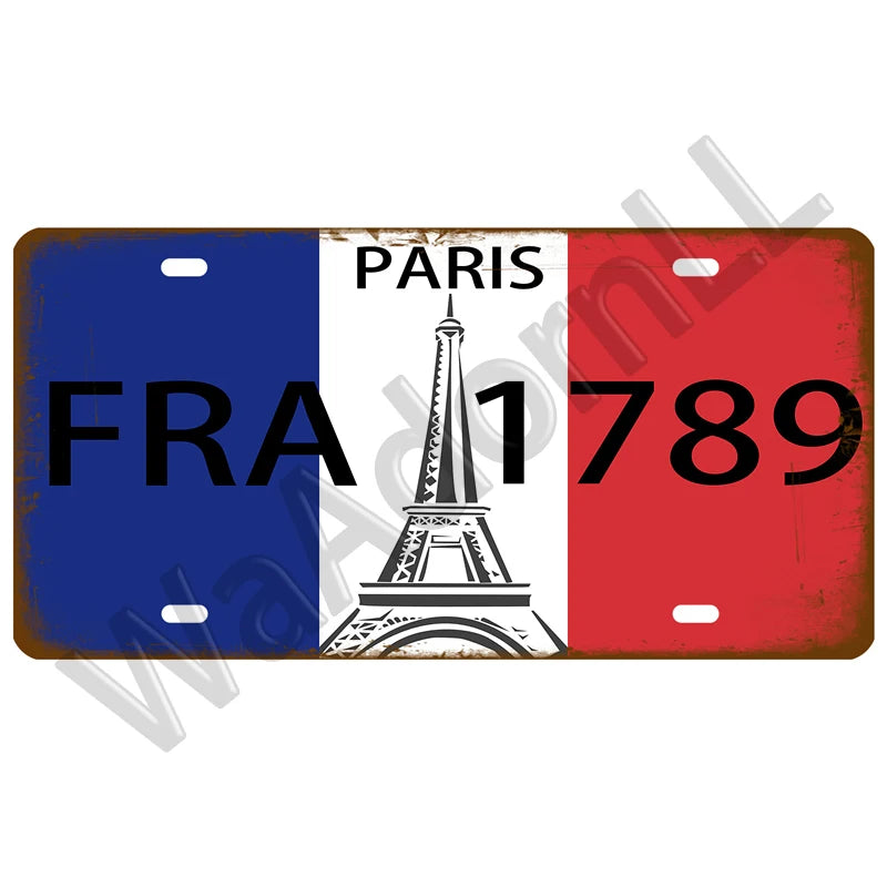 plaque voiture vintage drapeaux tour eiffel retro textes illustrations murales française bleu rouge blanc