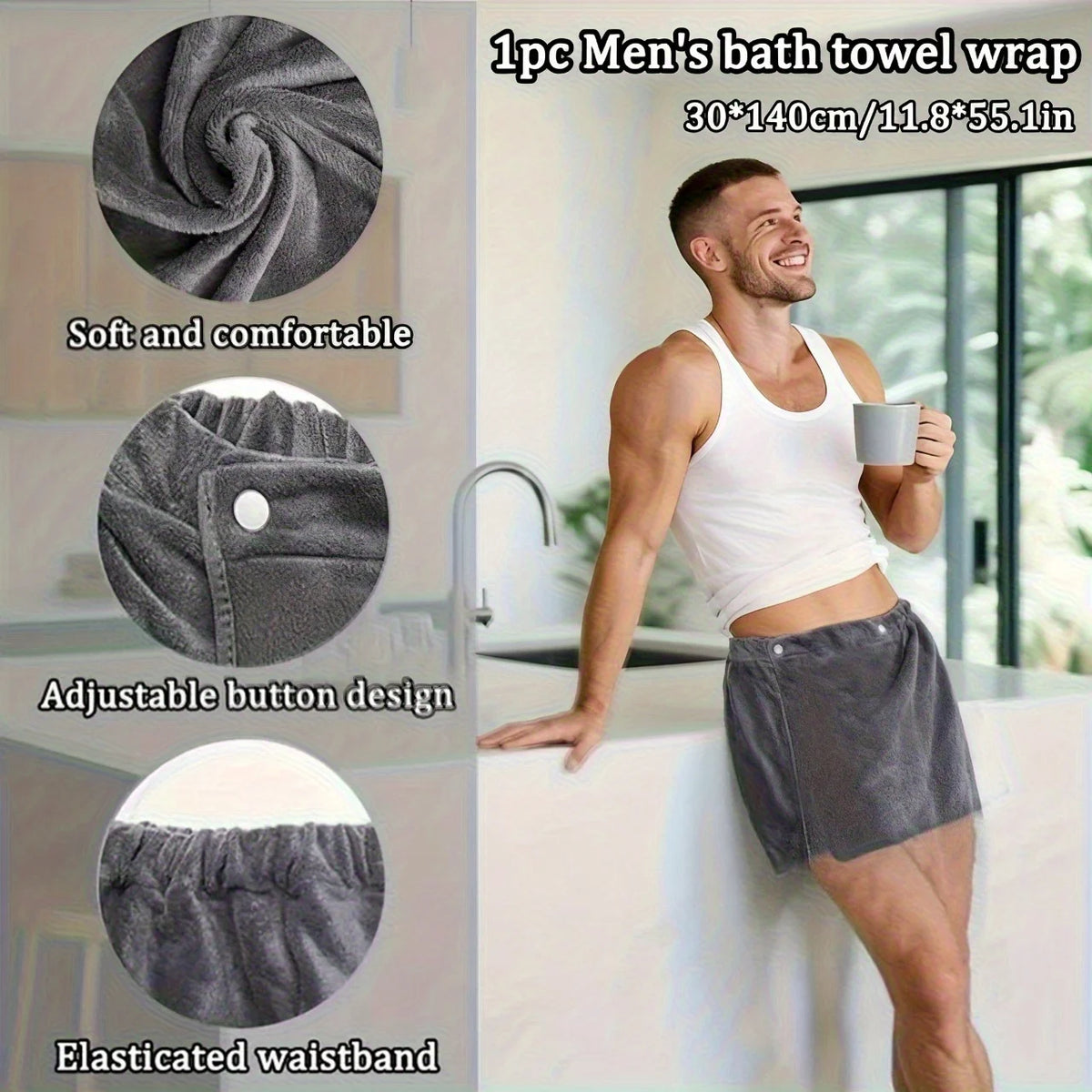 serviette bain enveloppante homme gris velours moderne absorbant boutons ajustables toilette plage camping