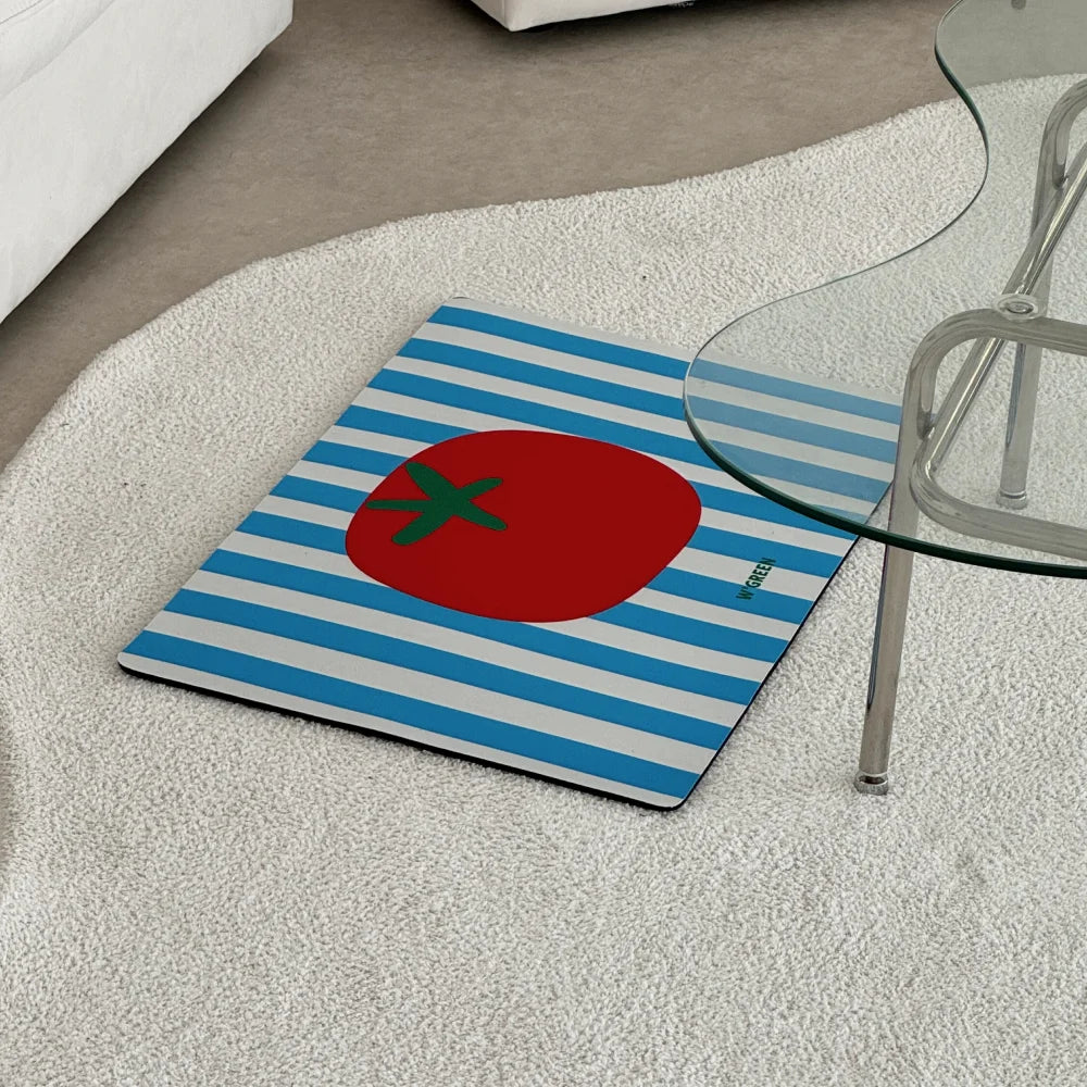tapis antidérapant moderne bleu clair rouge vert tomate stylisée sol salle bain porte decoration
