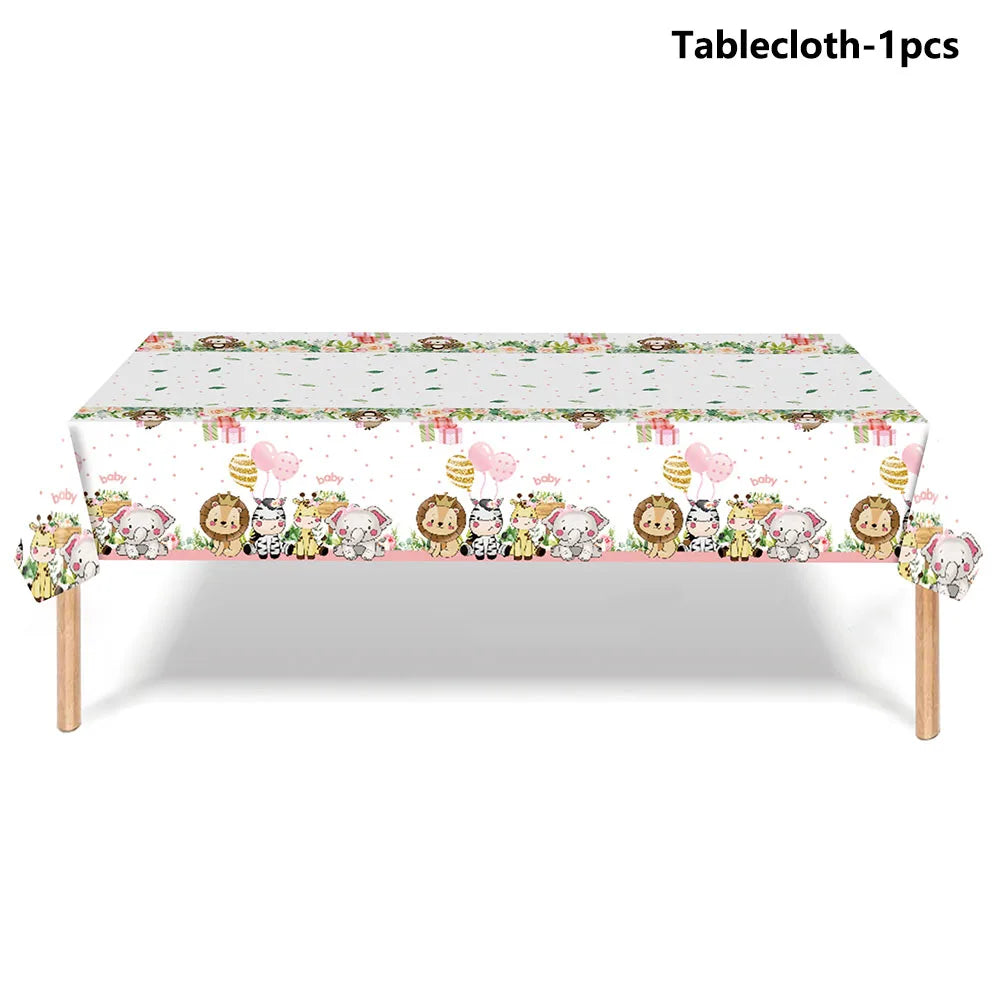 décoration anniversaire thème jungle animaux rose serviettes papier assiettes guirlande happy birthday nappe aquarelle