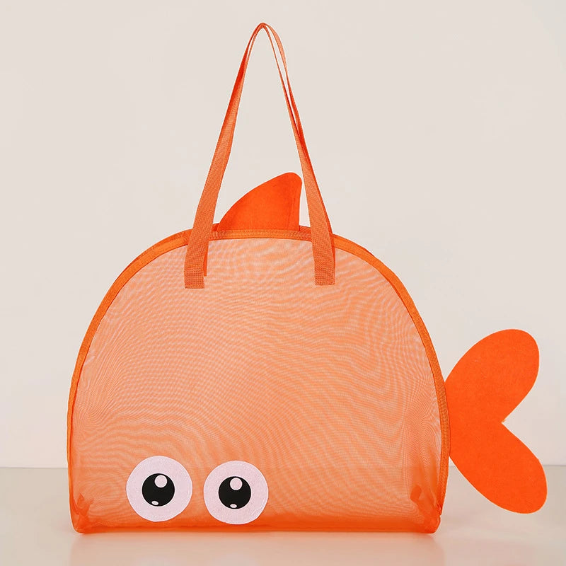 sac plage polyestère réutilisable orange vert bleu noir poisson transparent enfant pelle seau jouets