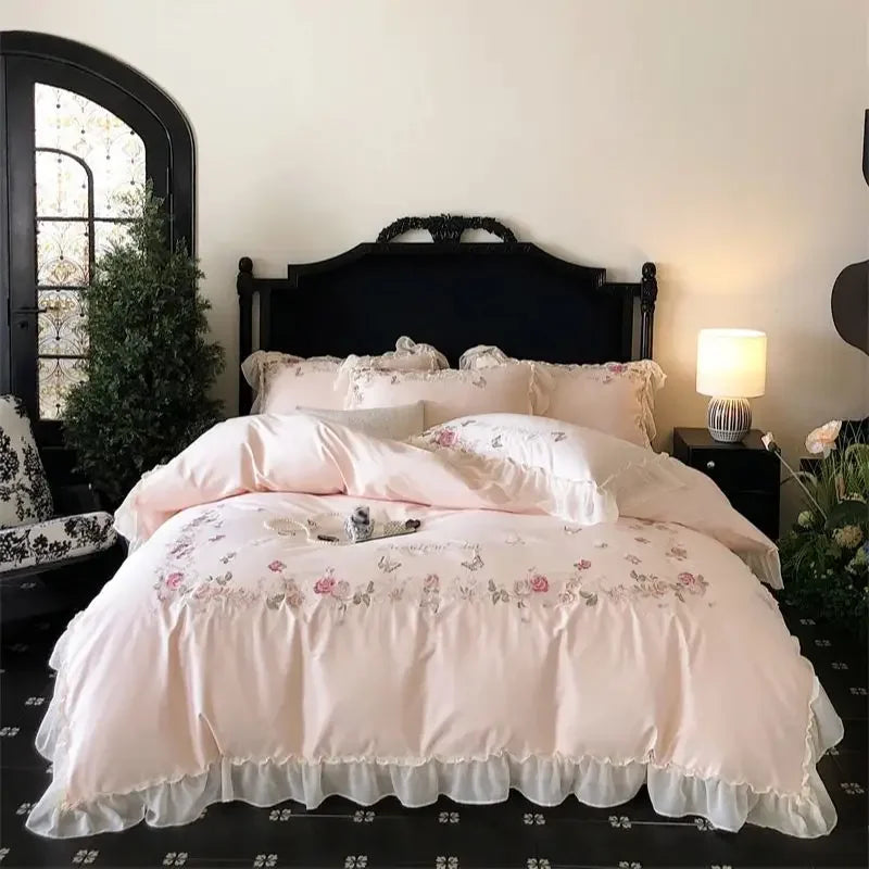 ensemble literie rose clair broderie fleurs papillons queen size coton égyptien 1000tc doux respirant