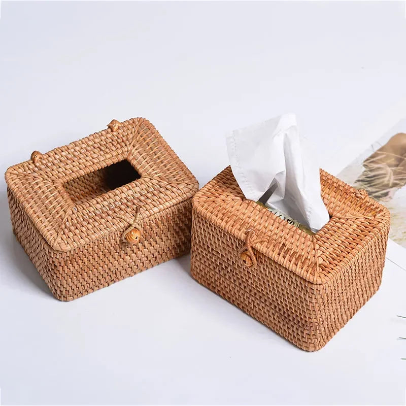 boîtes mouchoirs tissu tressé rustique marron clair boucle métallique rangement serviettes papiers toilette salle
