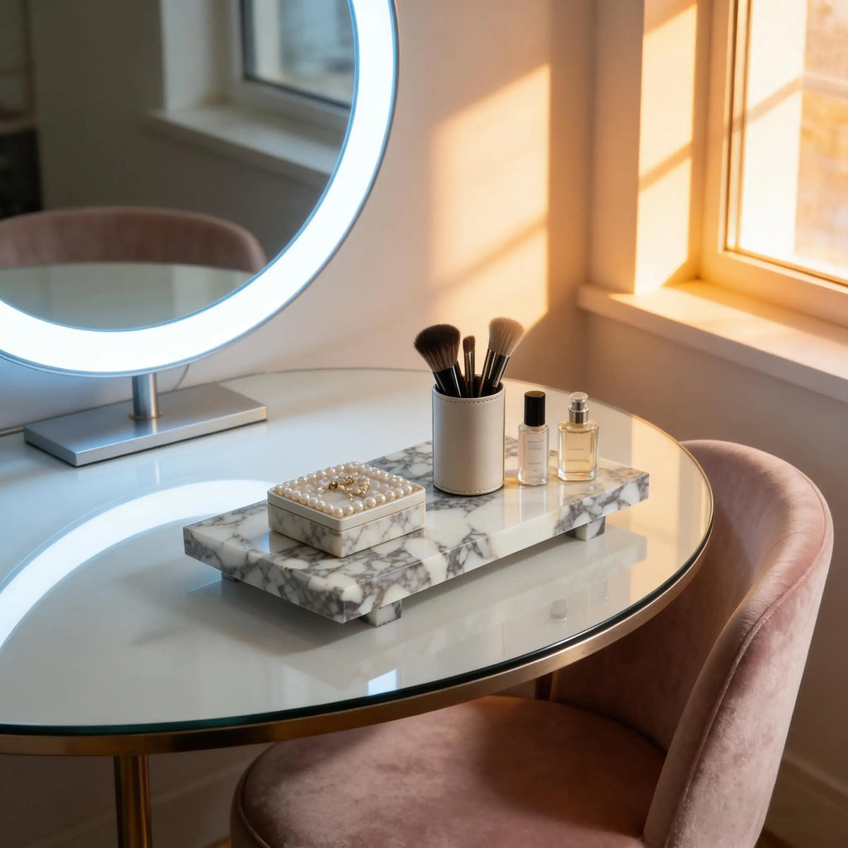 plateau marbre blanc moderne boîte bijoux flacon parfum porte savon
