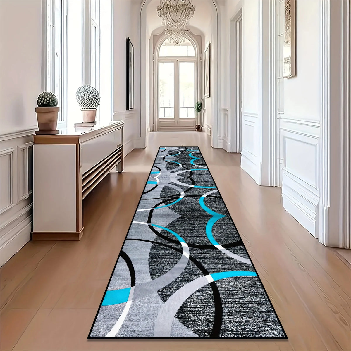 tapis long moderne motif géométrique gris bleu blanc salon couloir cuisine intérieur maison polyester