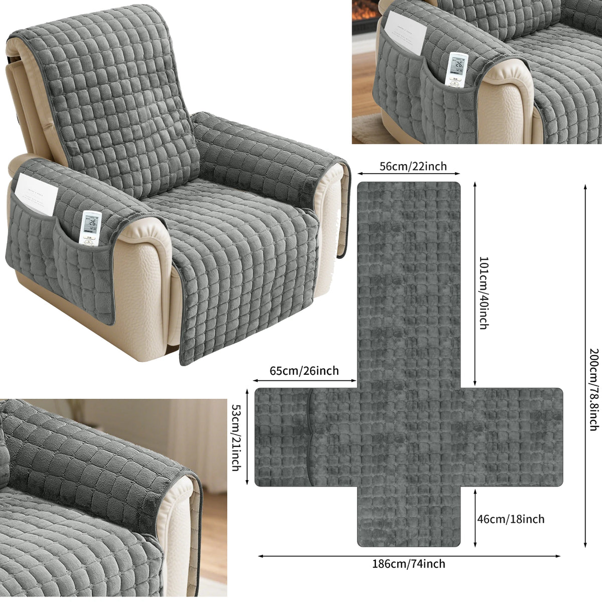 housse fauteuil inclinable noir beige quilté moderne boucles métalliques poche polyestère nettoyage sec automne