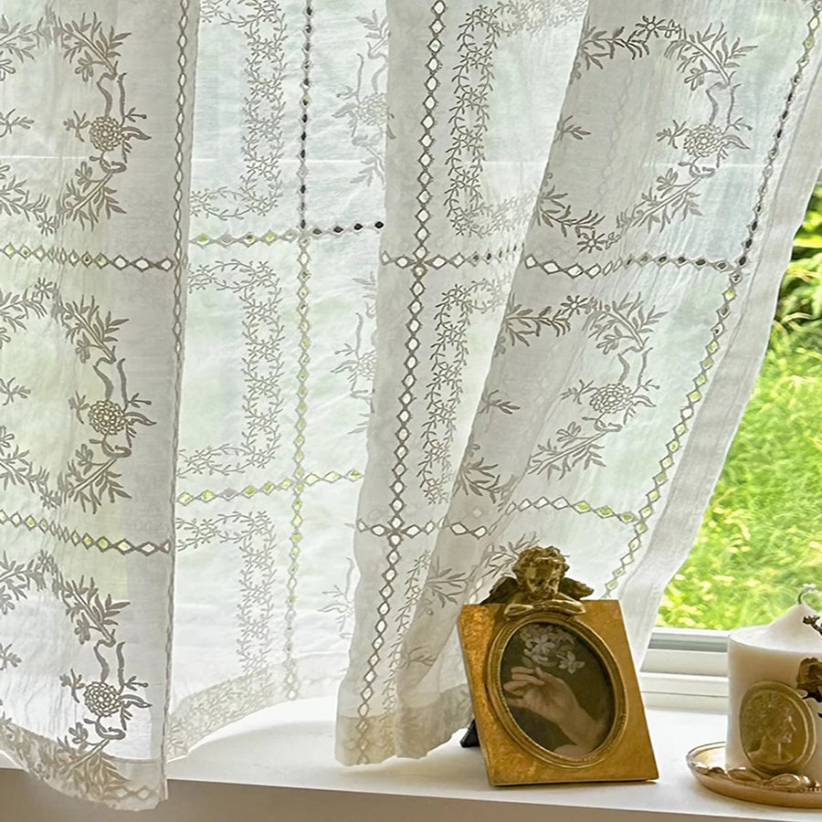 rideau floral transparent brodé polyester classique maison vintage blanc beige