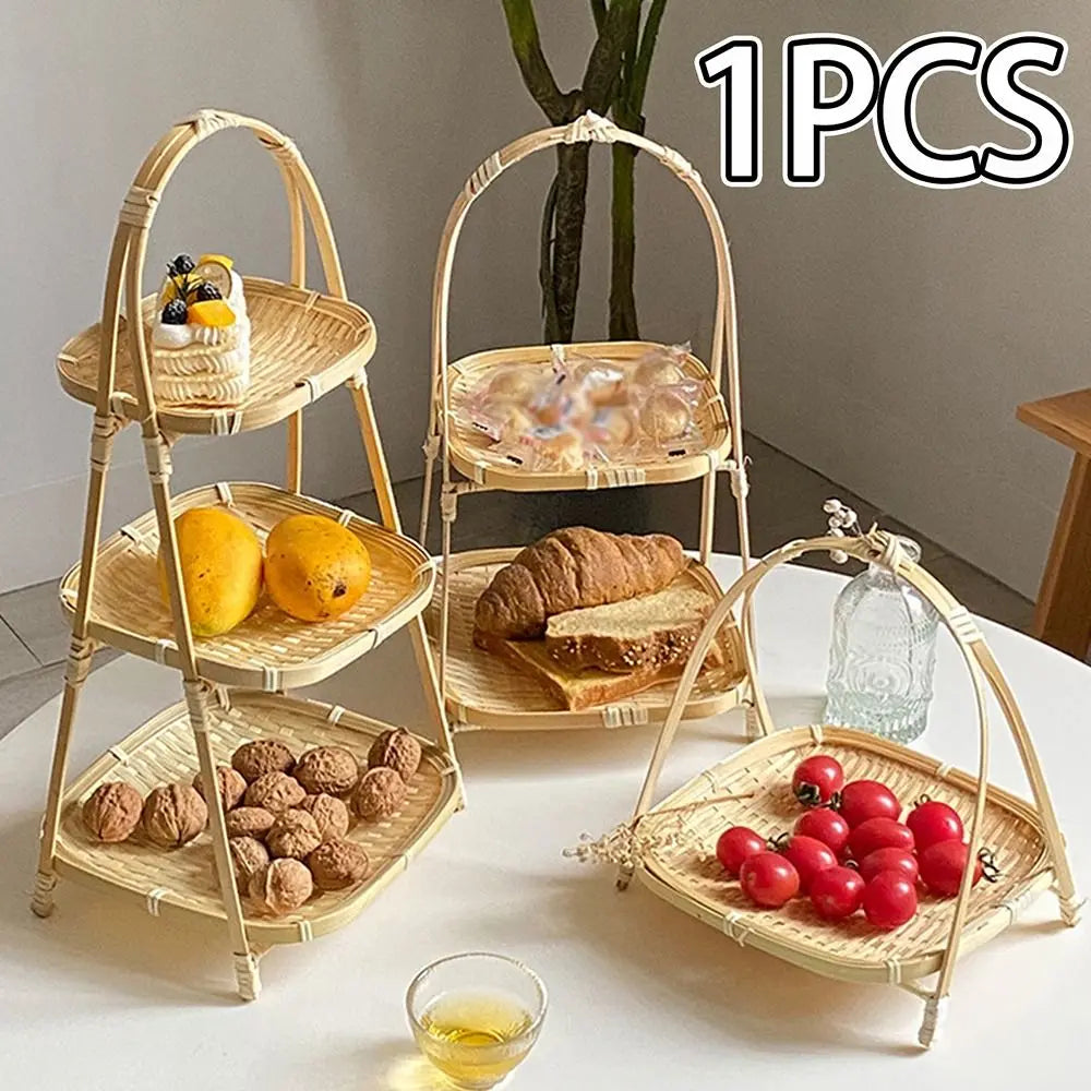 étagère trois niveaux tissage bambou rustique naturel pieds solides plateaux bois haute qualité rusticité
