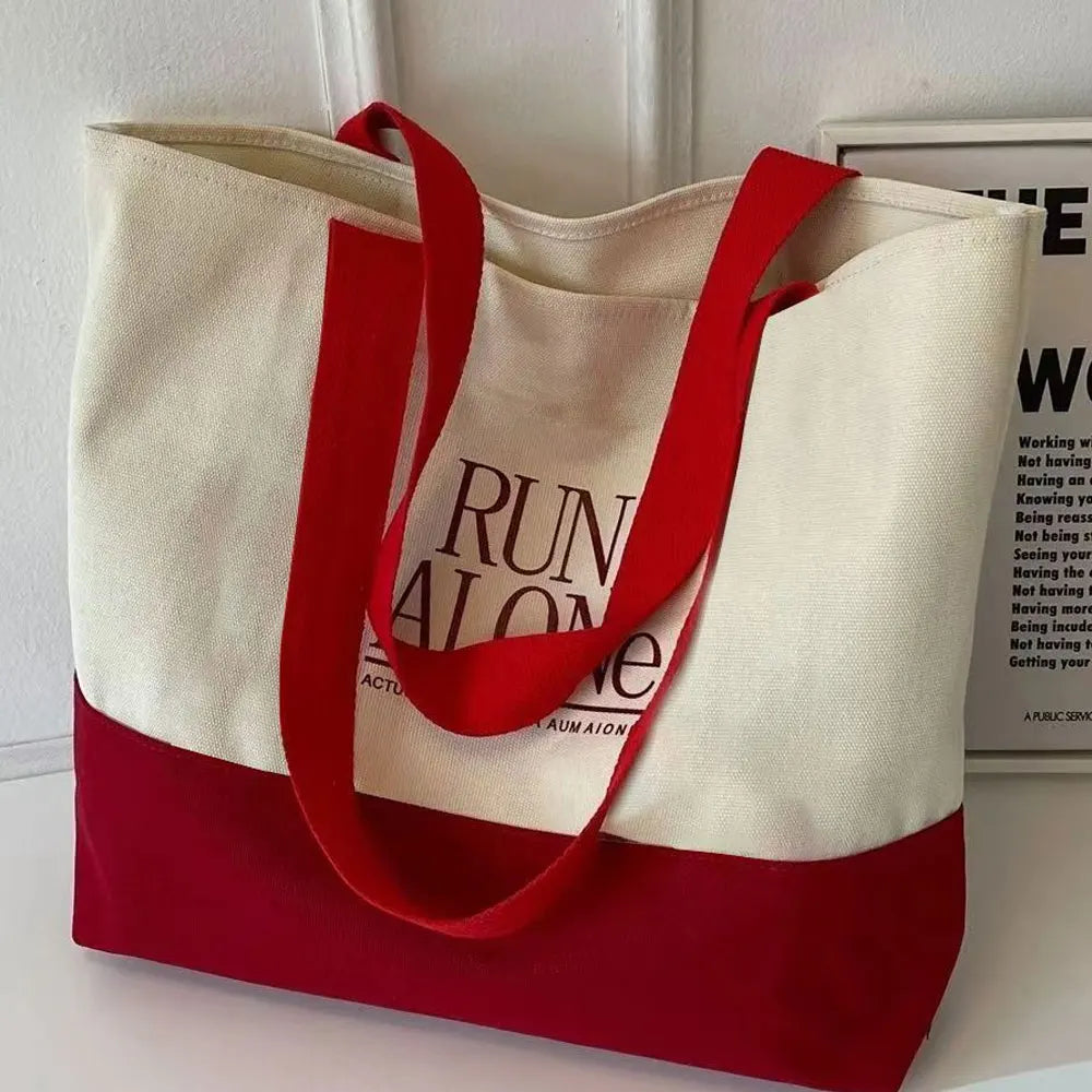 sac main toile blanc rouge lettres noires imprimées casual opaquet fourre tout décontracté polyvalent