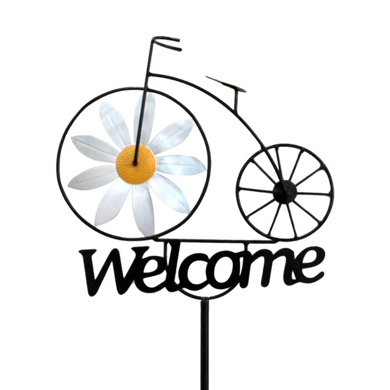 décoration extérieure bienvenue vélo noir blanc fleurs artisanal métal piquet fixé maison jardin entrée