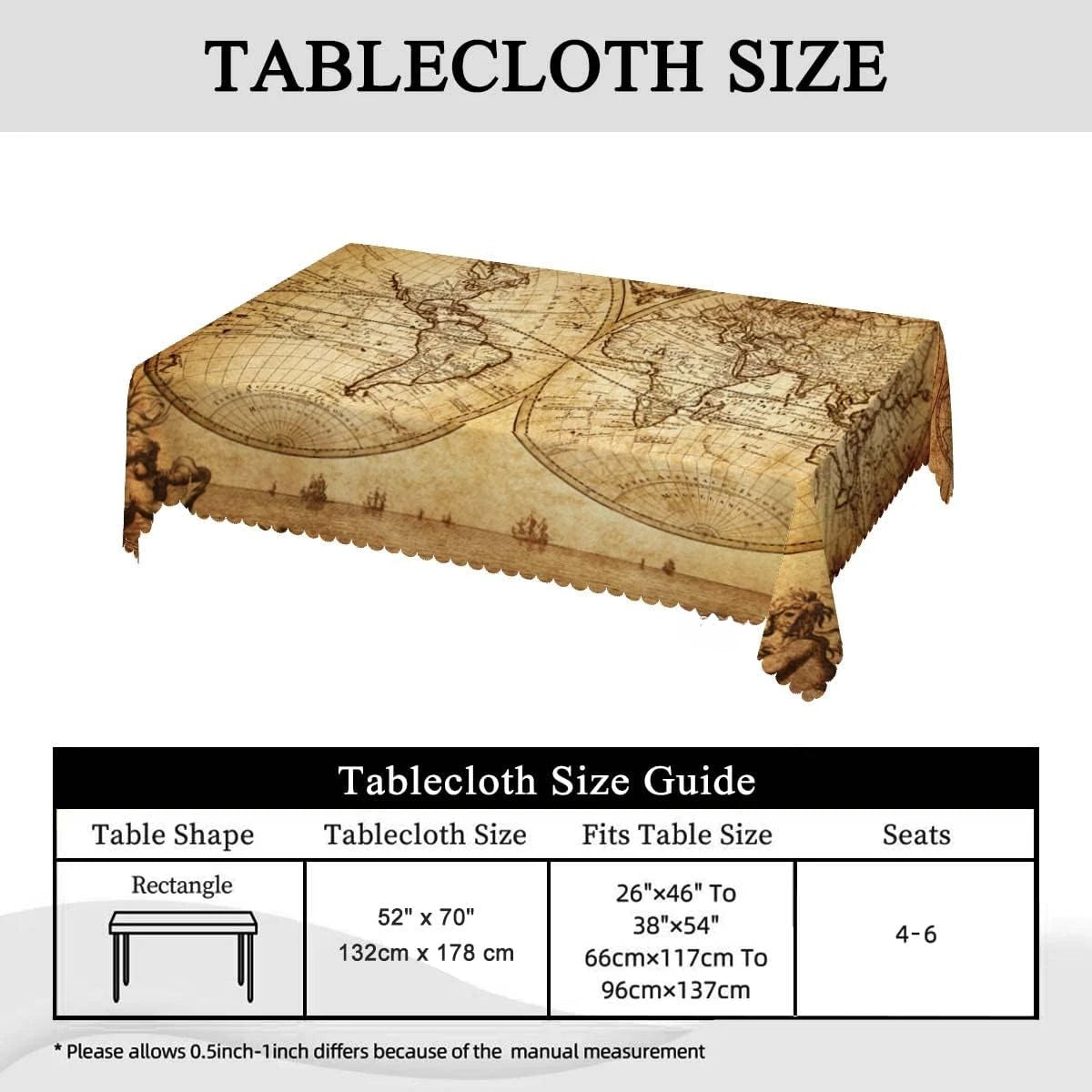 nappe table imperméable carte monde vintage beige marron gravure cartographique réutilisable polyester moderne rectangle