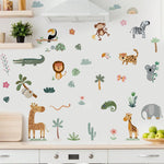 sticker mural animaux dessin animé jungle girafe zèbre léopard éléphant oiseaux plantes chambre enfant
