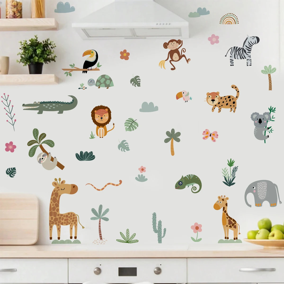 sticker mural animaux dessin animé jungle girafe zèbre léopard éléphant oiseaux plantes chambre enfant