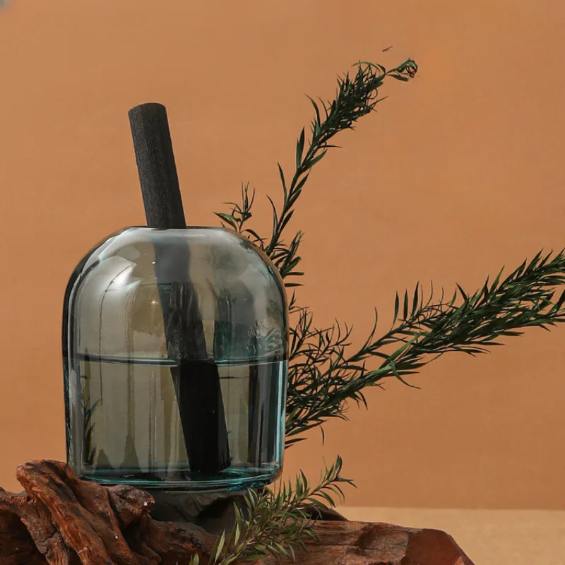 diffuseur aromathérapie bouteille verre moderne noir blanc gris translucide tiges noires minimaliste parfum maison