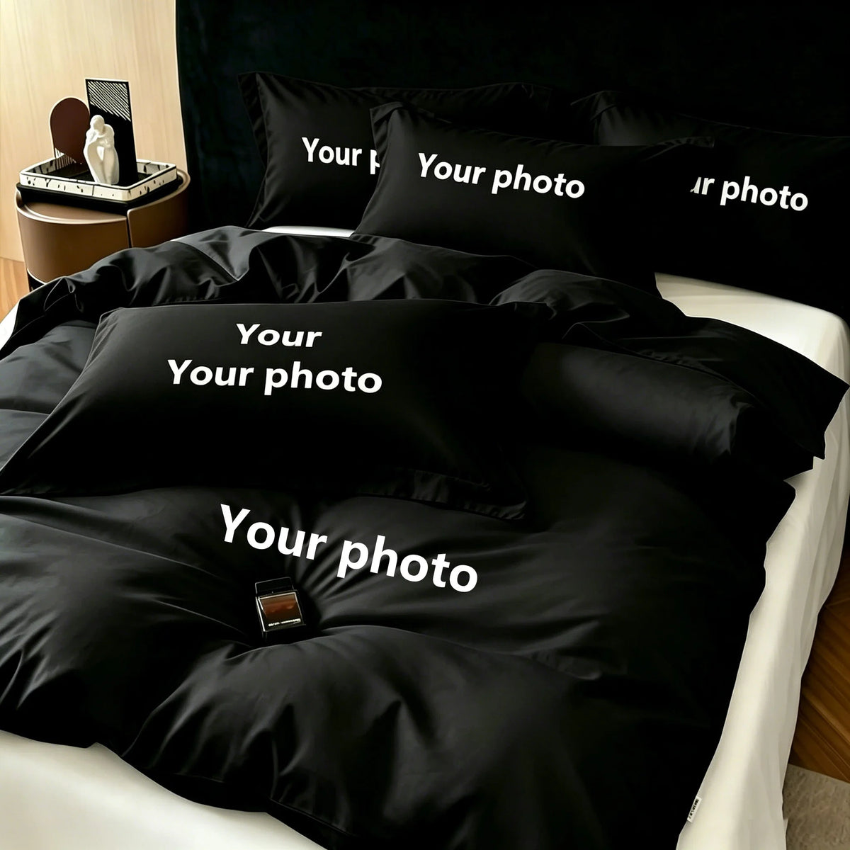 housse couette personnalisable moderne noir imprimé textes oreillers lit maison