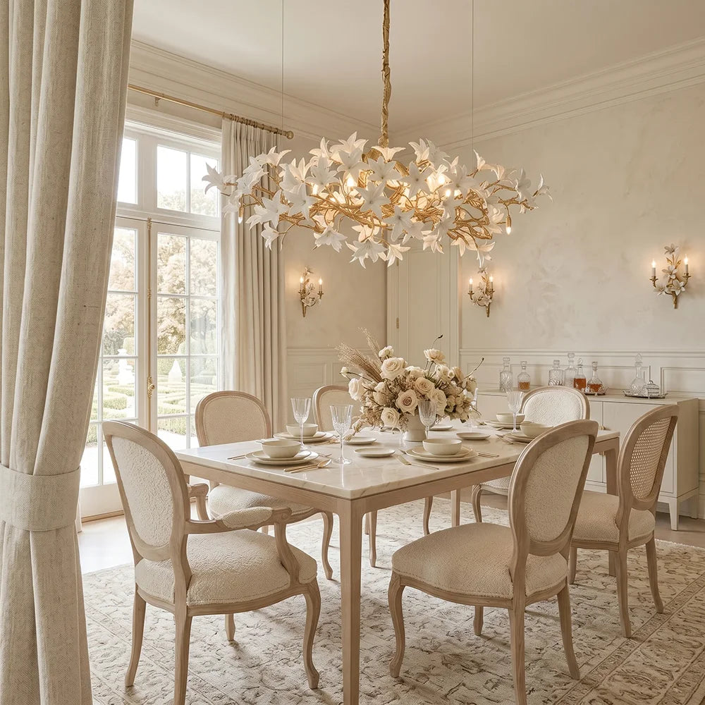 lustre suspendu classique doré blanc fleurs stylisées 160cm 180cm 200cm lumière chaude neutre lumière