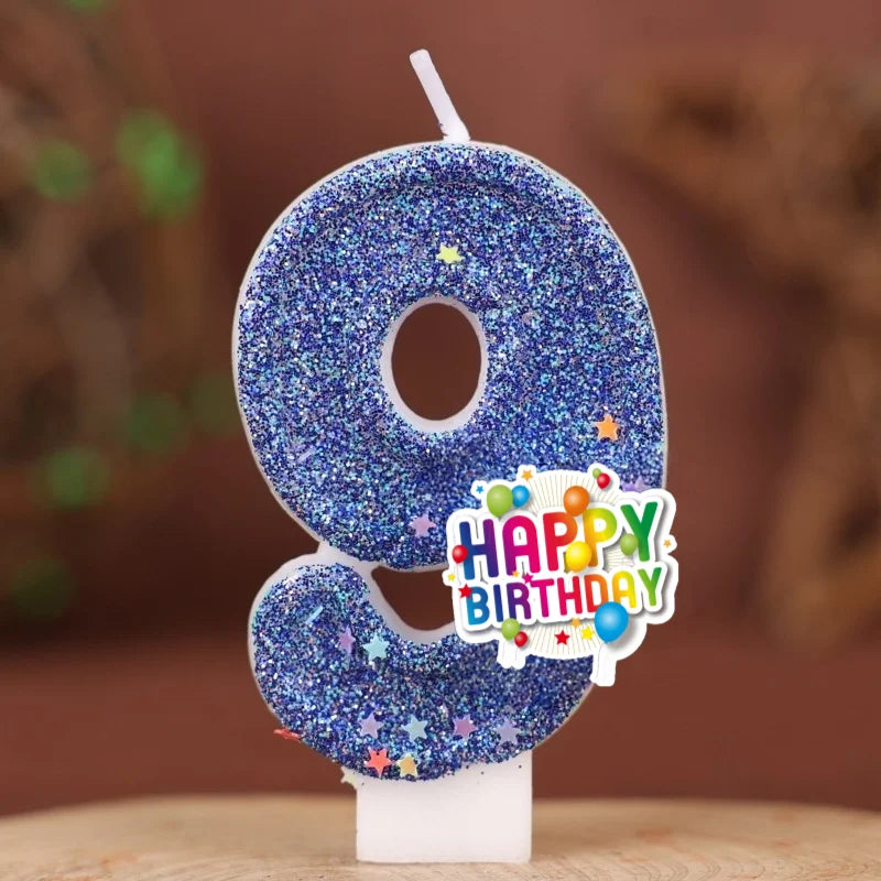 décoration anniversaire bougie chiffre bleu pailleté flamme colorée thème enfant festive happy birthday
