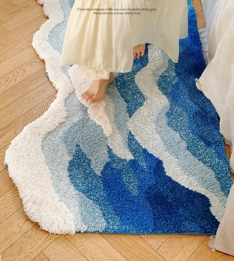 tapis flocage bleu blanc antidérapant moderne douillet ondulé polyester usage multiple intérieur extérieur voyage