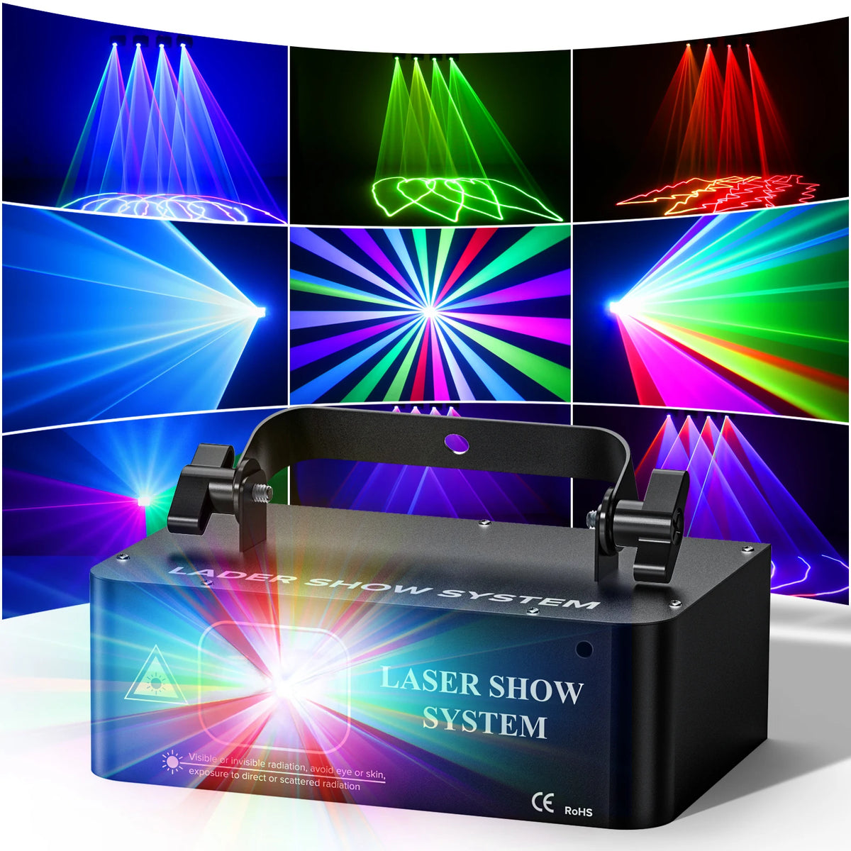 projecteur laser effet scène DJ moderne noir affichage boutons contrôle prise eléctrique