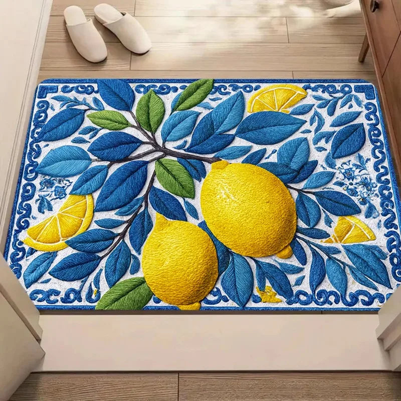 tapis moderne citrons feuilles tournesols summer sunshine extérieur résistant polyester bleu jaune vert blanc
