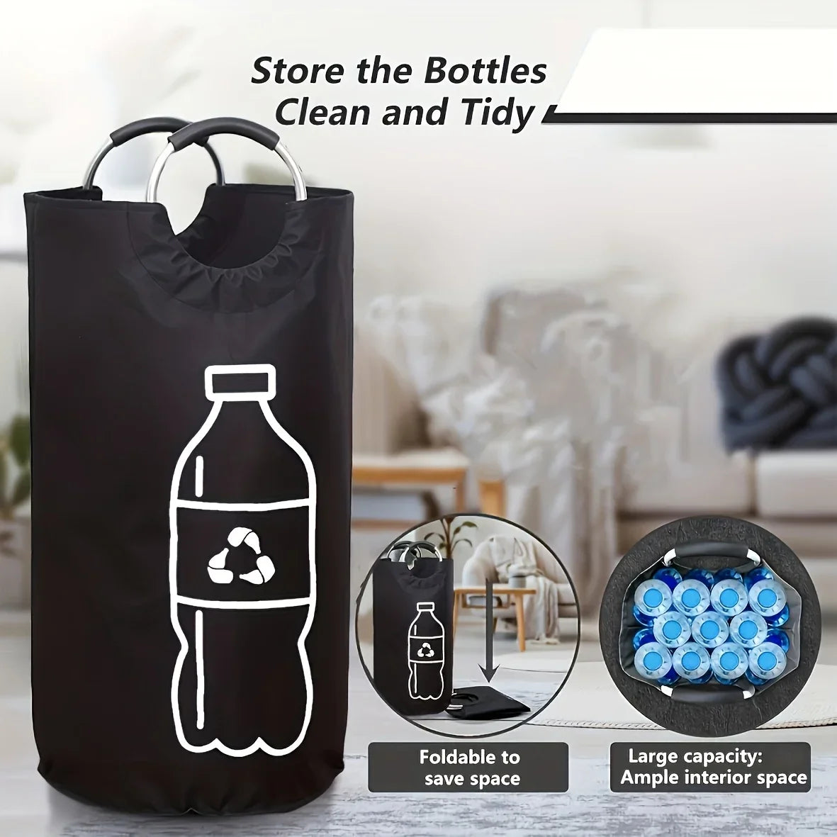 sac poubelle pliable noir recyclage symbolique moderne poignées métalliques bouteilles plastique intérieur large 38cm