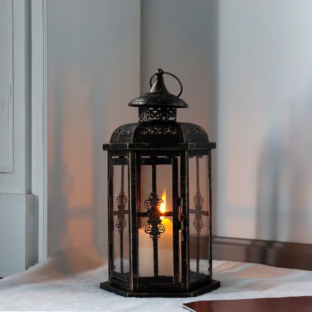 lanterne vintage métal fer ornements floraux transparent noire décoration intérieure mariage bougie inclusion anneaux