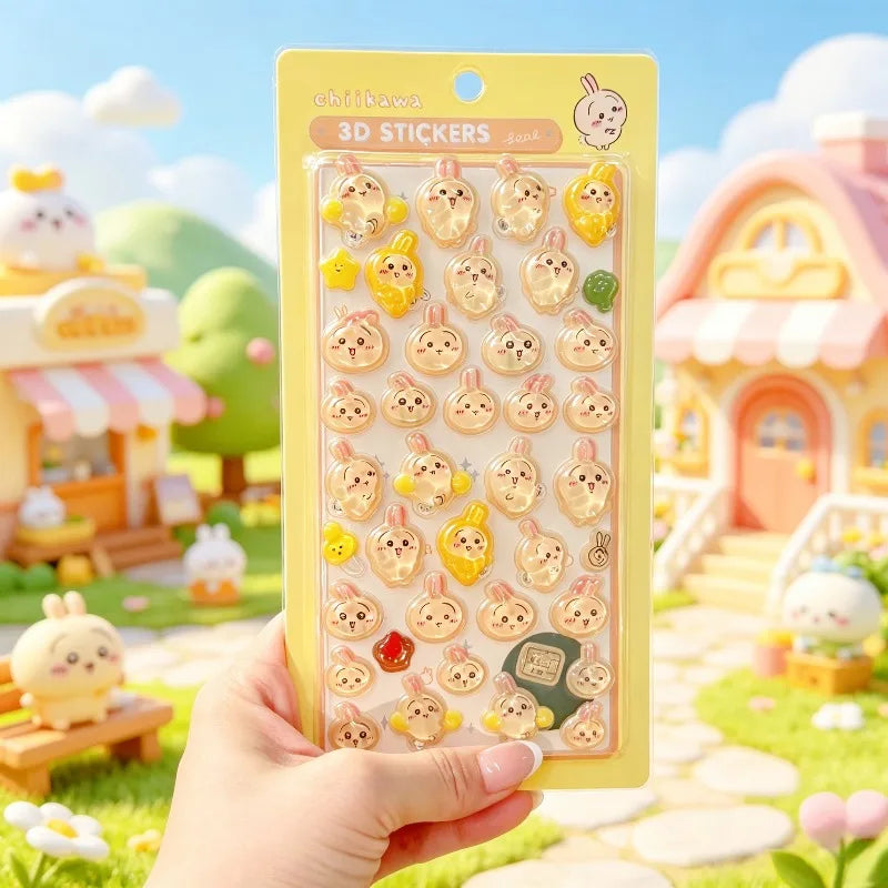 sticker 3d kawaii dessins animés chats lapins adhésif collection bleu rose jaune blanc