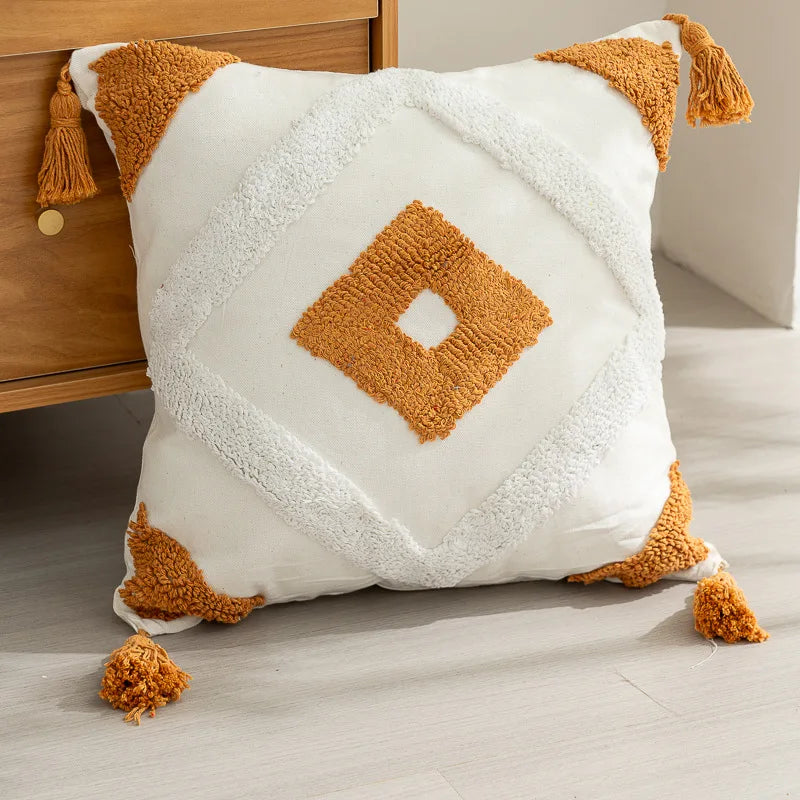 taies d'oreiller carrées 45x45cm moderne motifs géométriques blanc marron vert bleu beige tasseaux