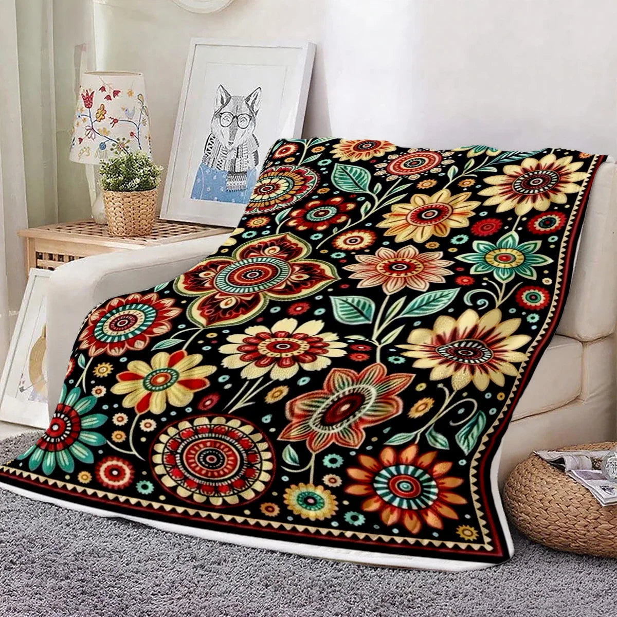 couverture multicolore motif floral contemporaine utilisation maison pique nique voyage hospitalière toutes saisons polyester